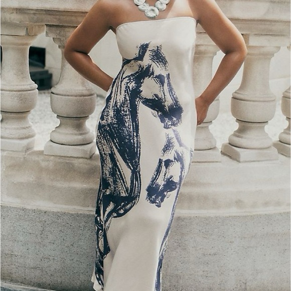 Anthropologie Dresses & Skirts - Anthropologie Strapless Cream Dress with Navy Horse Motif